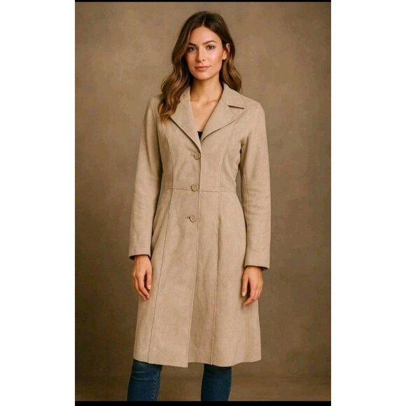 Womens Sz Large Genuine Suede Mid Length Western Trench Coat Pockets Light Tan - Picture 1 of 13